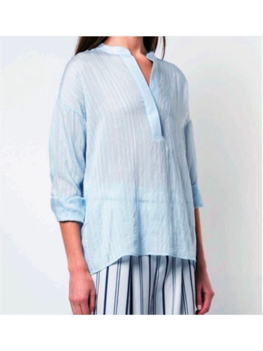 Vince Powder Blue Striped Drape Blouse M - Picture 2 of 8
